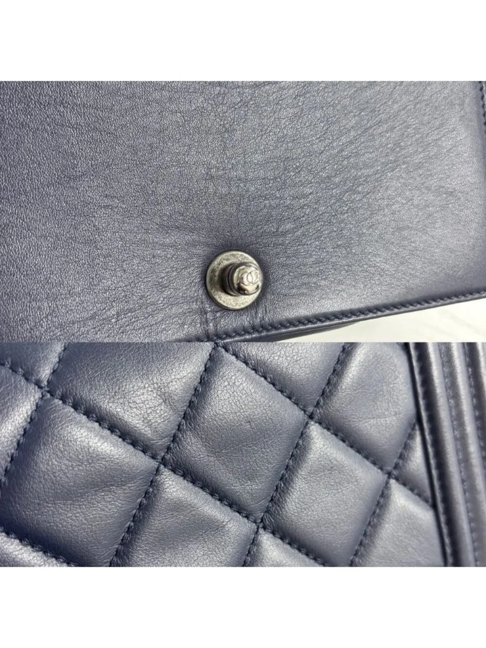 Chanel Shoulder Bag Quilted Boy Crossbody Lambskin Navy Silver
